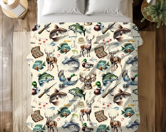Vintage Hunting Fishing Blanket | Cabin Lodge Blanket | Soft Velveteen Plush Blanket | Toddler Comfy Throw | Bass Deer Duck Catfish Blanket