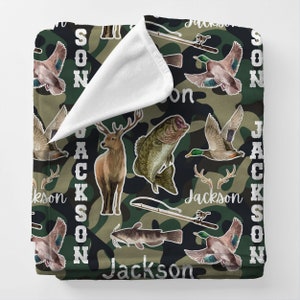 nome personalizado da pesca da caça cobertor | Pelúcia de pato de peixe-gato de veado baixo infantil | Manta infantil fofinha | Presente de chá de bebê | Padrão