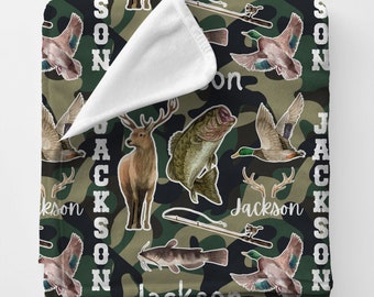 Personalized Name Hunting Fishing Camo Blanket | Toddler Bass Deer Catfish Duck Plush | Cuddly Kid Blanket | Baby Shower Gift | Pattern