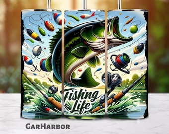 Fiskarens tumblerwrap | Sublimering av fiskeliv | 20oz rak tumblerwrap sömlös design | Digital nedladdning av PNG-fil | Lake River