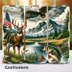 American Fishing And Deer Wood Seamless Tumbler Wrap | 20oz Straight Tumbler Sublimation | Hunting Season Tumbler | PNG Digital Download