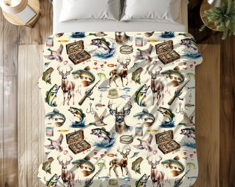 Vintage Hunting Fishing Blanket | Cabin Lodge Blanket | Soft Velveteen Plush Blanket | Toddler Comfy Throw | Bass Deer Duck Catfish Blanket