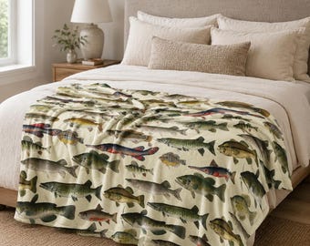 Vintage Freshwater Gamefishing Blanket | Cabin Lodge Blanket | Soft Velveteen Plush Blanket | Toddler Comfy Throw | Bass Catfish Blanket