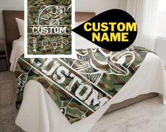 Personalized Bass Camo Fishing Blanket | Customizable Fishing Lures Blanket | Soft Blanket | Toddler Blanket | Comfy Throw Blanket