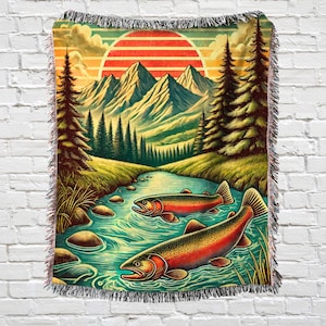 Vintage Rainbow Trout Woven Blanket | Rustic Retro Cabin Lodge Decor | Fishing Wall Art Tapestry | Lake House Decor | Fly Fishing Throw Gift