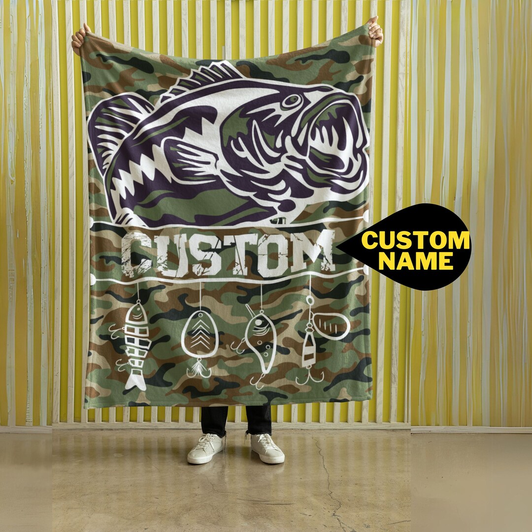 Personalized Bass Camo Fishing Blanket Customizable Fishing Lures