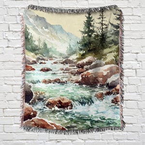 Vintage Watercolor Mountain Woven Blanket | River Fishing Decor | Fishing Wall Art Tapestry | Mountain Lodge Farmhouse Decor