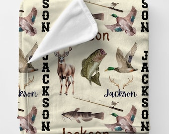Personalized Name Hunting Fishing Blanket | Toddler Bass Whitetail Deer Catfish Duck Plush Blanket | Cuddly Kid Blanket | Baby Shower Gift