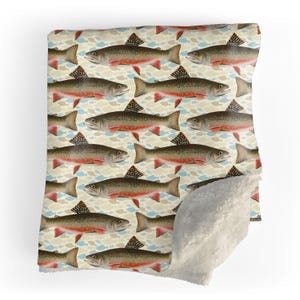 Vintage Rainbow Trout Sherpa Fleece Blanket | Cozy Fishing Camping Throw | Rustic Cabin Lodge Decor | Lake House Mountain | Fly Fishing