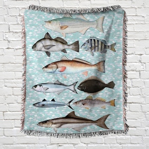 Manta tejida vintage con diseño de pez de caza de agua salada, decoración de pesca costera, tapiz de pared con arte de pesca, decoración de casa de playa y navegación