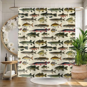 May include: A beige shower curtain with a repeating pattern of fish illustrations in green, brown, red, and yellow. The fish are arranged in rows and columns, creating a vintage aquatic theme, suitable for a bathroom.