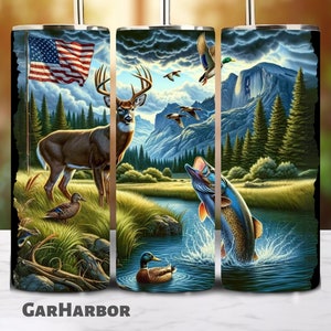 American Fishing Duck Deer Trout Seamless Tumbler Wrap | 20oz Straight Tumbler Sublimation | Hunting Season Tumbler | PNG Digital Download