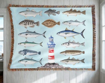 Manta tejida de pesca deportiva de Nueva Inglaterra / Pesca en el océano en agua salada / Decoración costera de faro / Regalo para pescadores