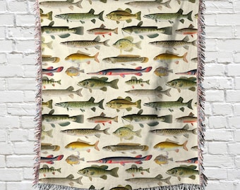Manta tejida vintage de peces de agua dulce, decoración rústica de cabaña, tapiz de pesca, decoración de pescador de casa de lago