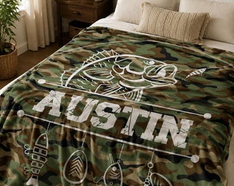 Personalized Bass Camo Fishing Blanket | Customizable Fishing Lures Blanket | Soft Blanket | Toddler Blanket | Comfy Throw Blanket