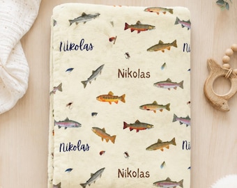 Manta de pesca personalizada / Manta envolvente para pesca con mosca de trucha / Regalo para baby shower / Diseño con nombre personalizado