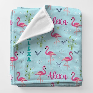 Personalized Name Flamingo Blanket | Baby Girl Nursery Plush Blanket | Cuddly Kid Toddler Blanket | Baby Shower Gift | Name Pattern Nursery