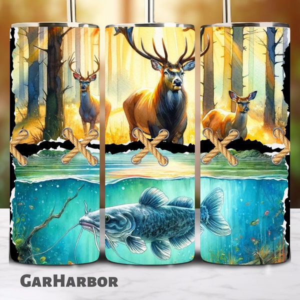 Fishing Tumbler Wrap, 20 oz Skinny Sublimation Tumbler Design, Watercolor Hunter Catfish Design, Watercolor Deer Tumbler Png Downloads