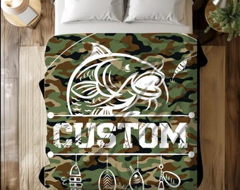 Manta de pesca personalizada con estampado de bagres y camuflaje / Manta personalizable con señuelos de pesca / Manta suave y cómoda para bebés / Regalo de pesca para bebés