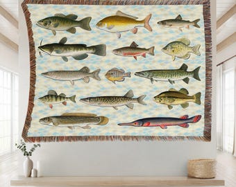Manta tejida vintage de peces de agua dulce / Decoración rústica de cabaña / Tapiz de pared de pesca / Decoración de pescador de casa de lago
