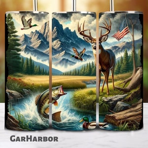 American Fishing Deer Duck Seamless Tumbler Wrap | 20oz Straight Tumbler Sublimation | Hunting Season Tumbler | PNG Digital Download