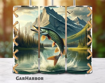Fishing Lake Musky/Muskie/Muskellunge Tumbler Seamless Wrap 20oz Tumbler Sublimation, Mountain Trip Sunset Tumbler PNG File Digital Download