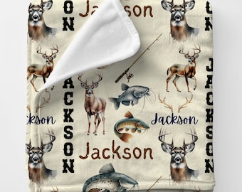 Personalized Name Hunting Fishing Blanket | Toddler Whitetail Deer Catfish Plush Blanket | Cuddly Kid Baby Shower Custom Gift | Pattern
