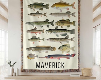 Customized Freshwater Gamefish Woven Blanket | Boys Fish Name Blanket | Fishing Baby Blanket Trout Woven Blanket | Fishing Gift Baby Shower