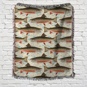 Vintage Rainbow Trout Woven Blanket | Rustic Cabin Lodge Lake Mountain Decor | Fishing Wall Art Tapestry | Lake House Lodge Fly Fishermen