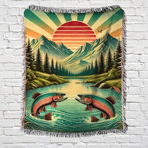 Vintage Rainbow Trout Woven Blanket | Rustic Retro Cabin Lodge Decor | Fishing Wall Art Tapestry | Lake House Decor | Fly Fishing Throw Gift