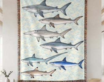 Vintage Shark Woven Blanket | Coastal Ocean Throw | Great White Bull Tiger Hammerhead Shark Decor