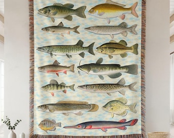 Manta tejida vintage de peces de agua dulce, decoración rústica de cabaña, tapiz de pesca, decoración de pescador de casa de lago