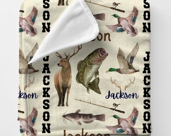 Personalized Name Hunting Fishing Blanket | Toddler Bass Deer Catfish Duck Plush Blanket | Cuddly Kid Blanket | Baby Shower Gift | Pattern