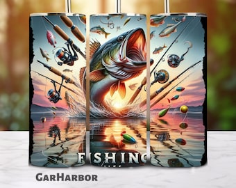 Fiskarens tumblerwrap | Sublimering av fiskeliv | 20oz rak tumblerwrap sömlös design | Digital nedladdning av PNG-fil | Lake River