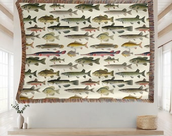 Manta tejida vintage de peces de agua dulce, decoración rústica de cabaña, tapiz de pesca, decoración de pescador de casa de lago