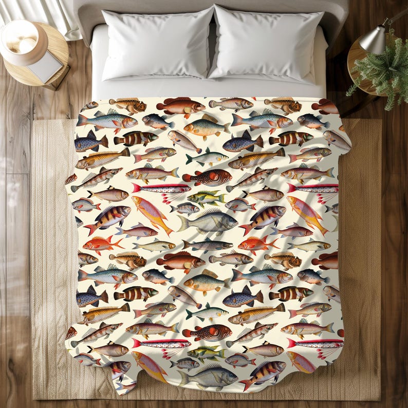 May include: A cream-colored duvet cover with a repeating pattern of colorful fish. The fish are in various sizes and shapes, and they are arranged in a random pattern.