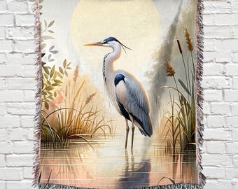 Blue Heron Printed Coastal William Morris Woven Blanket | Wall Tapestry Art | Beach Lake River House Decor | Home Decor Accessories