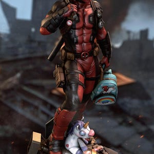 May include: A detailed figurine of a character in a red and black tactical suit, holding a katana over one shoulder and a small light blue backpack with a rainbow and unicorn graphic. The figure stands on a bomb with a plush unicorn toy.