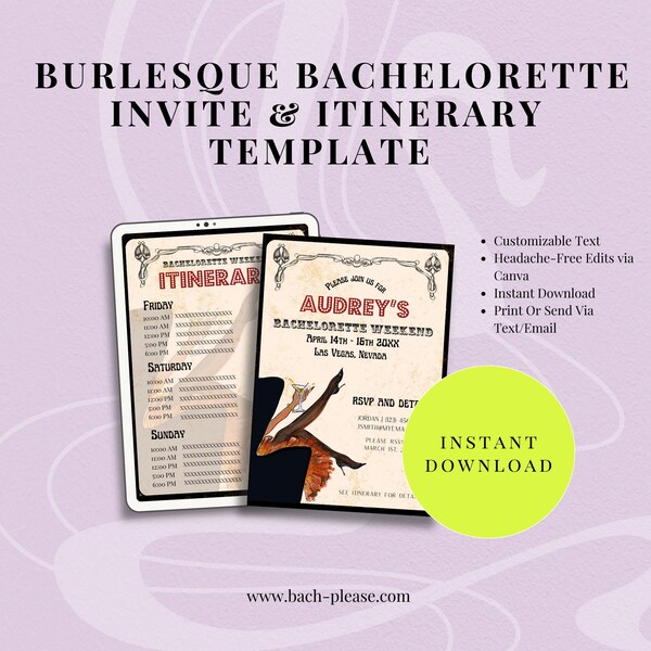 Burlesque Bachelorette Invite, Bachelorette Evite, Bachelorette Weekend, Printable Itinerary, Instant DIY