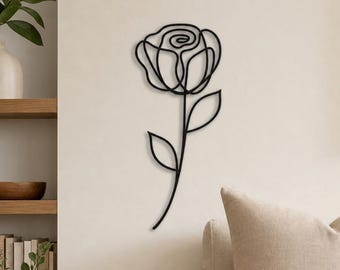 Single Rose Continuous Line Wall Art, 12 Inch Minimalist Wall Sculpture, Modern Home Decor, Custom Color