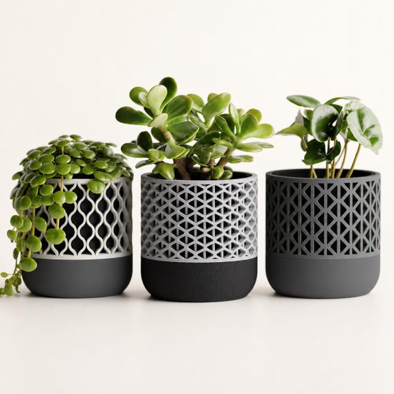 LatticeHaven Geometric Planter Trio, Indoor Plant Pot Set, Modern Desk Planters, 3 Sizes, 4 Standard Colorways