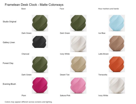 Framelean Desk Clock matte colorway guide showing four named combinations with exact component and color assignments.