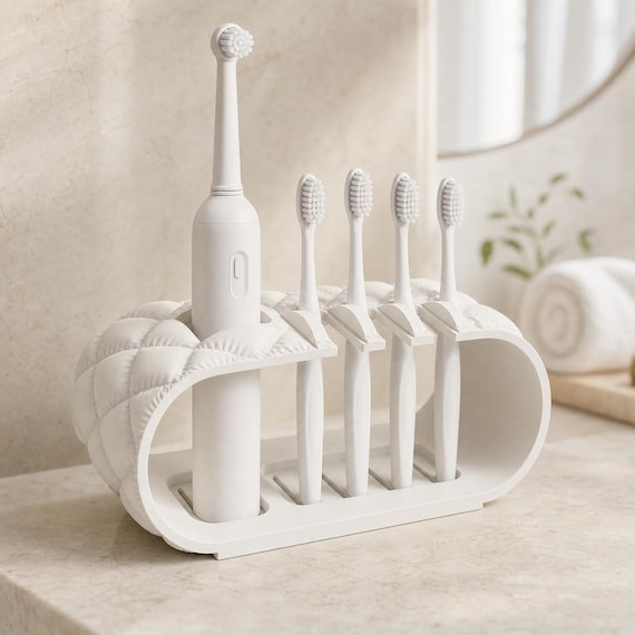 CloudRidge Toothbrush Organizer, 5 Slot Family Brush Holder, Sculptural Bathroom Counter Storage, Electric Toothbrush Caddy, 25 Matte Colors