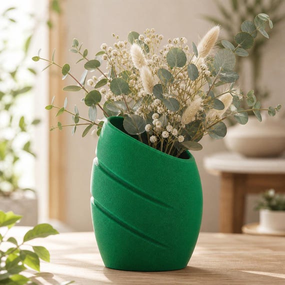 Close-up of the Rhythmcrest two-groove vase in Green with dried botanical stems