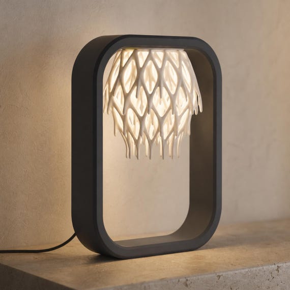 Latticefall Ambient Frame Lamp, Organic Lattice Shade, USB or Flameless Tealight, Modern Bedside Light