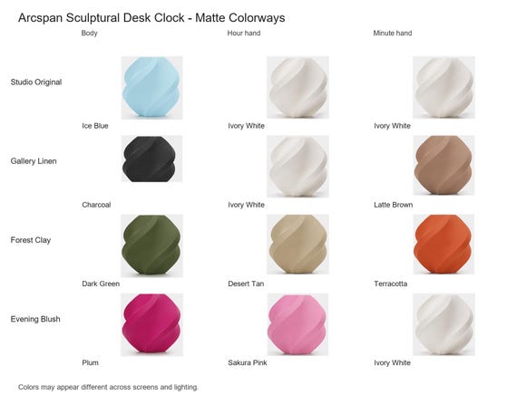 Arcspan Sculptural Desk Clock matte colorway guide showing four named combinations with exact component and color assignments.