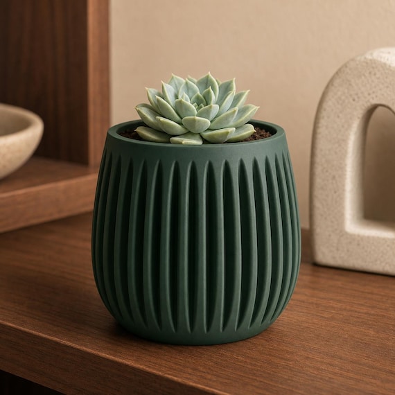 Close-up of the GrooveNest ribbed planter in Dark Green with a pale green echeveria