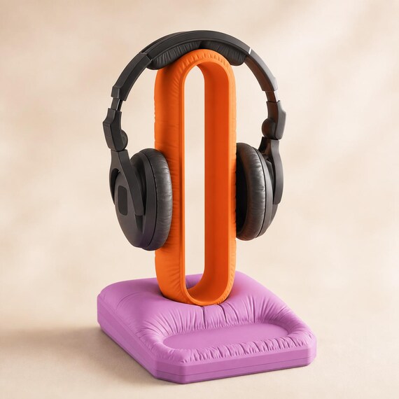 Close-up of the CushionLoop Organizer Base stand in Mandarin Orange and Lilac Purple holding headphones