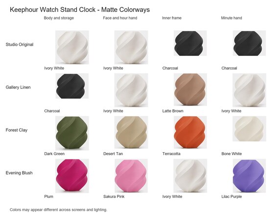 Keephour Watch Stand Clock matte colorway guide showing four named combinations with exact component and color assignments.