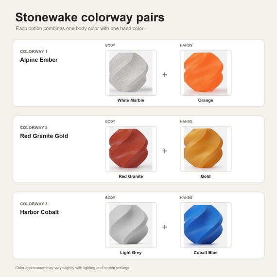 Stonewake colorway guide showing White Marble with Orange, Red Granite with Gold, and Light Grey with Cobalt Blue